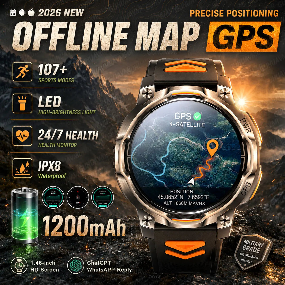 Reloj inteligente de navegación con mapa GPS 2026, batería de 1200 mAh, brújula, ChatGPT integrado, monitoreo de salud, resistente al agua, banda deportiva militar