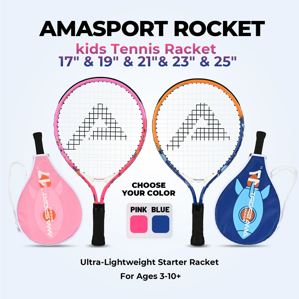 Raqueta de Tenis para Niños AMA SPORT de 17 Pulgadas con Bolsa, Preencordada, Ligera y Equilibrada, Raqueta Juvenil - Marco Ligero y Duradero para Niñas y Niños