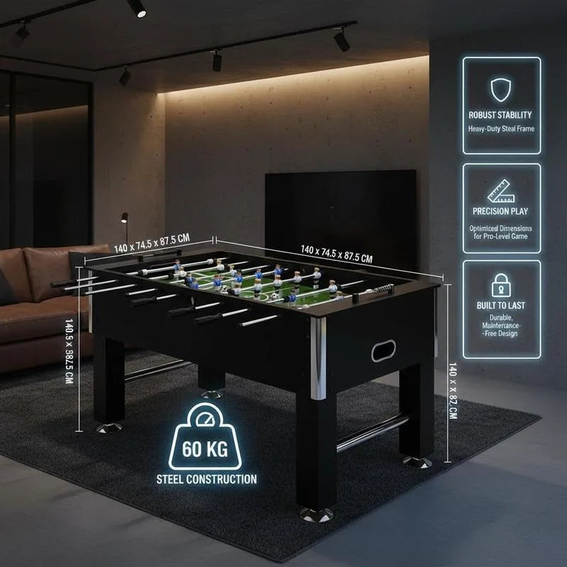 Mesa de futbolín de acero negro 140x74,5x87,5 cm, sala de juegos, sótano, cueva de hombre, recreación, regalo del Día del Padre, fiesta de verano