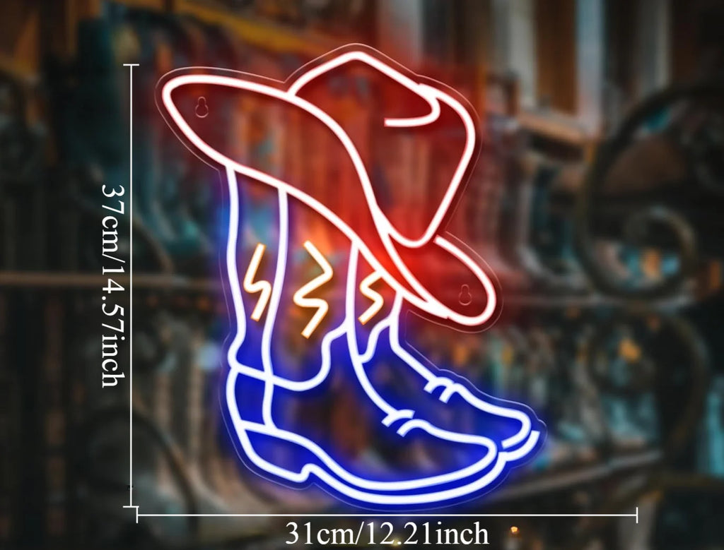 Cartel de neón LED con botas vaqueras y sombrero, contorno naranja y azul