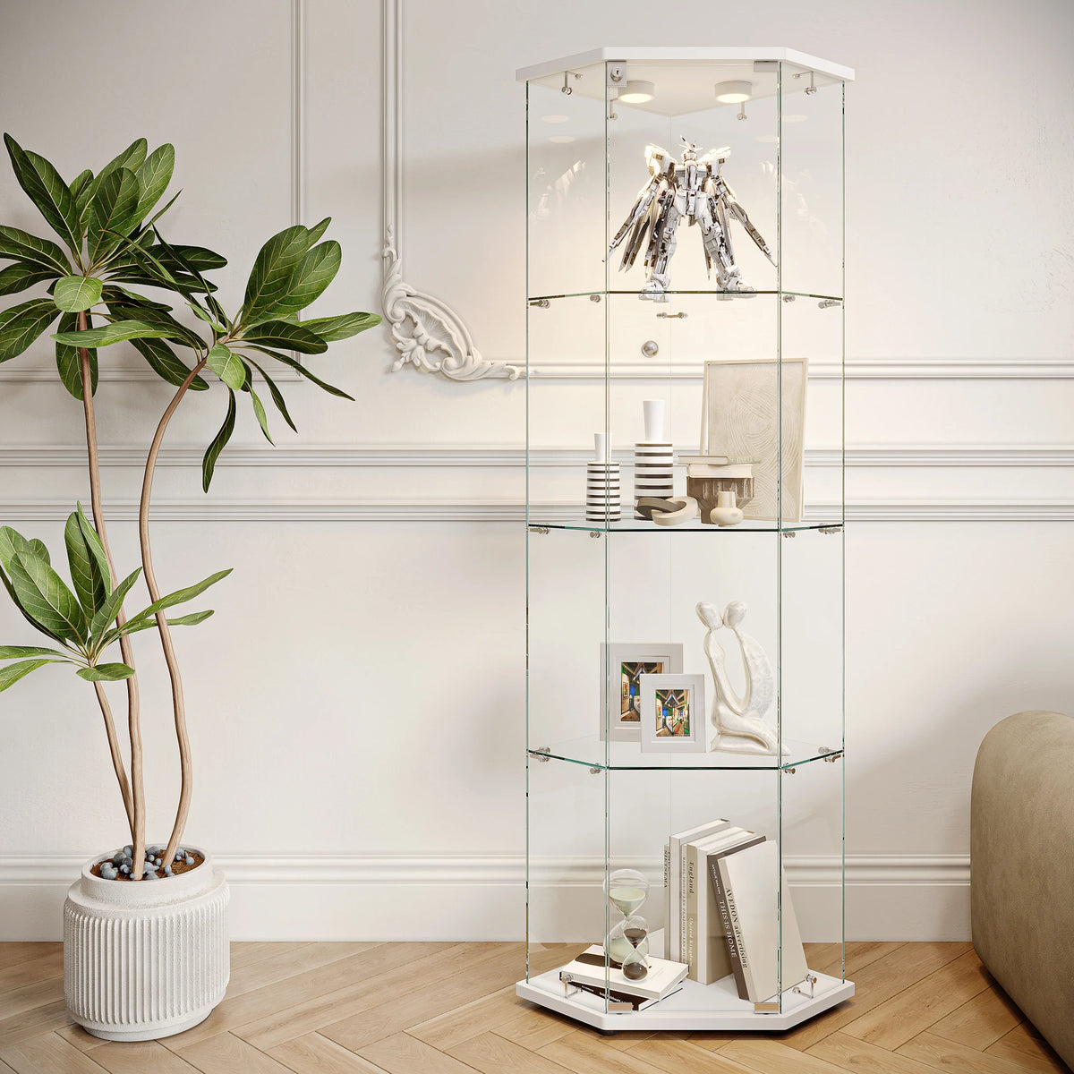 Vitrina de cristal Rosahqnda con luces LED, vitrina de 4 niveles para sala de estar, dormitorio, armario esquinero, blanco/negro, 162x60