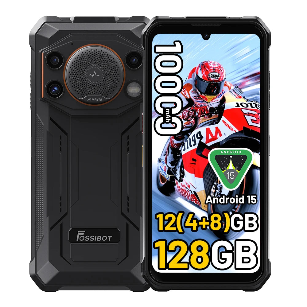 Smartphone resistente Fossibot F110L, Android 15, 12GB (4+8GB ampliables) de RAM, 128GB de ROM, pantalla HD+ IPS de 6.745", batería grande de 10000mAh, triple cámara de 50MP+8MP+5MP, NFC GPS