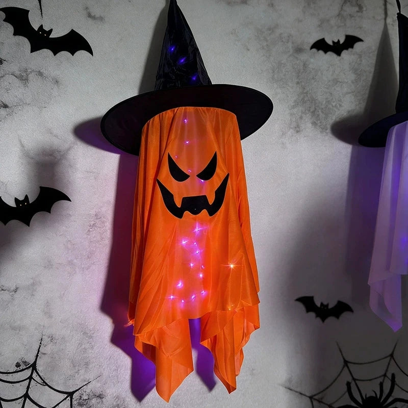 Sombrero de Bruja LED Brillante de Halloween, Colgantes de Fantasma, Adorno Colgante Iluminado, Decoración de Puerta Exterior para Fiestas y Escenarios de Jardín