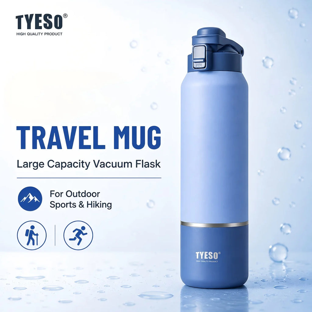Taza de Viaje de Gran Capacidad Tyeso con Asa, Botella de Agua con Aislamiento al Vacío, Tapa a Prueba de Fugas, Utensilio para Beber para Senderismo al Aire Libre