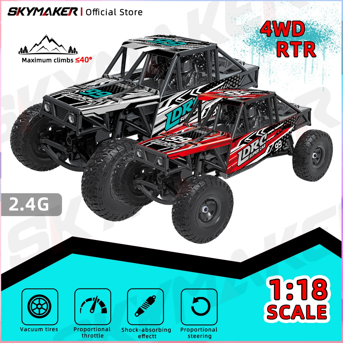 Coche RC LDRC LD18499 a escala 1/18, vehículo de control remoto 4WD 2.4G con faros LED, coche de escalada, juguete de modelo de coche para regalo de niños