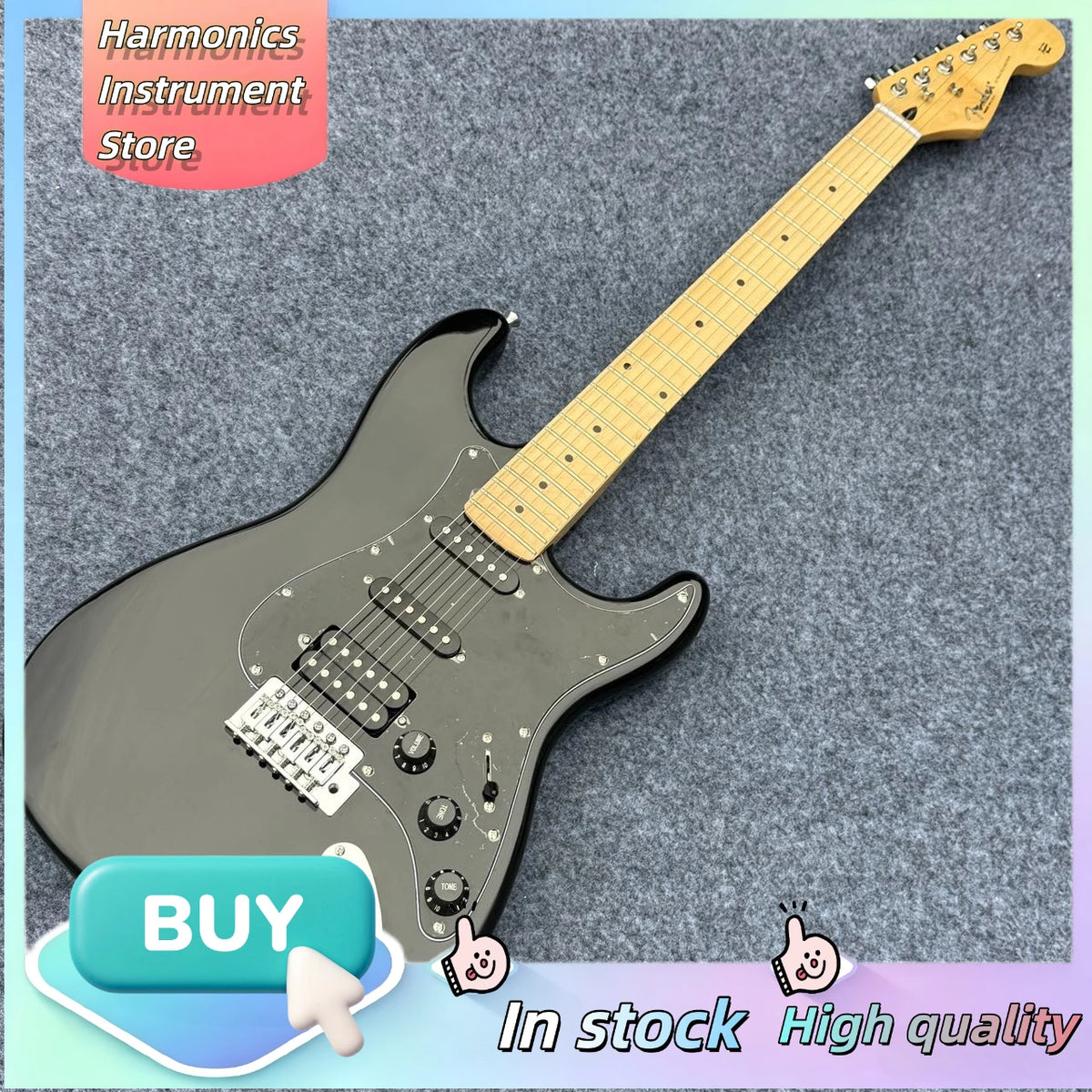 Guitarra eléctrica estilo STQ con pastillas SSH, cuerpo de Paulownia negro, diapasón de arce, pickguard grande, trémolo, exquisitamente elaborada