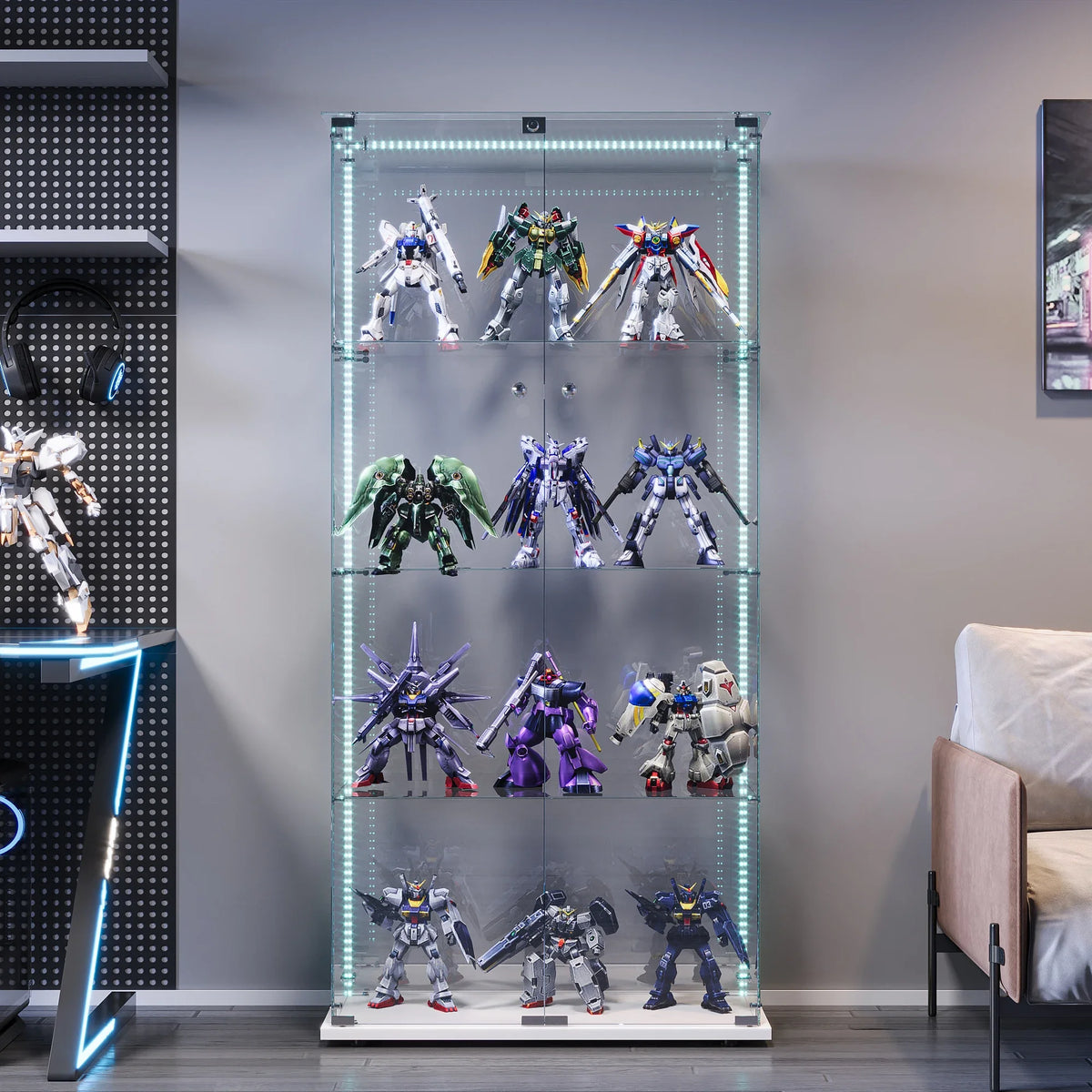 Vitrina de cristal con luces LED, vitrina de exhibición con 4 estantes de cristal y puertas con cerradura, vitrina moderna para coleccionables, libros, figuras, sala de estar, 163 X 80.6 X 36.5 CM
