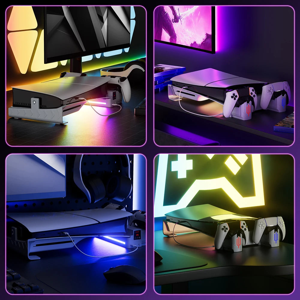 Base de refrigeración horizontal con mandos y luces RGB en varios colores