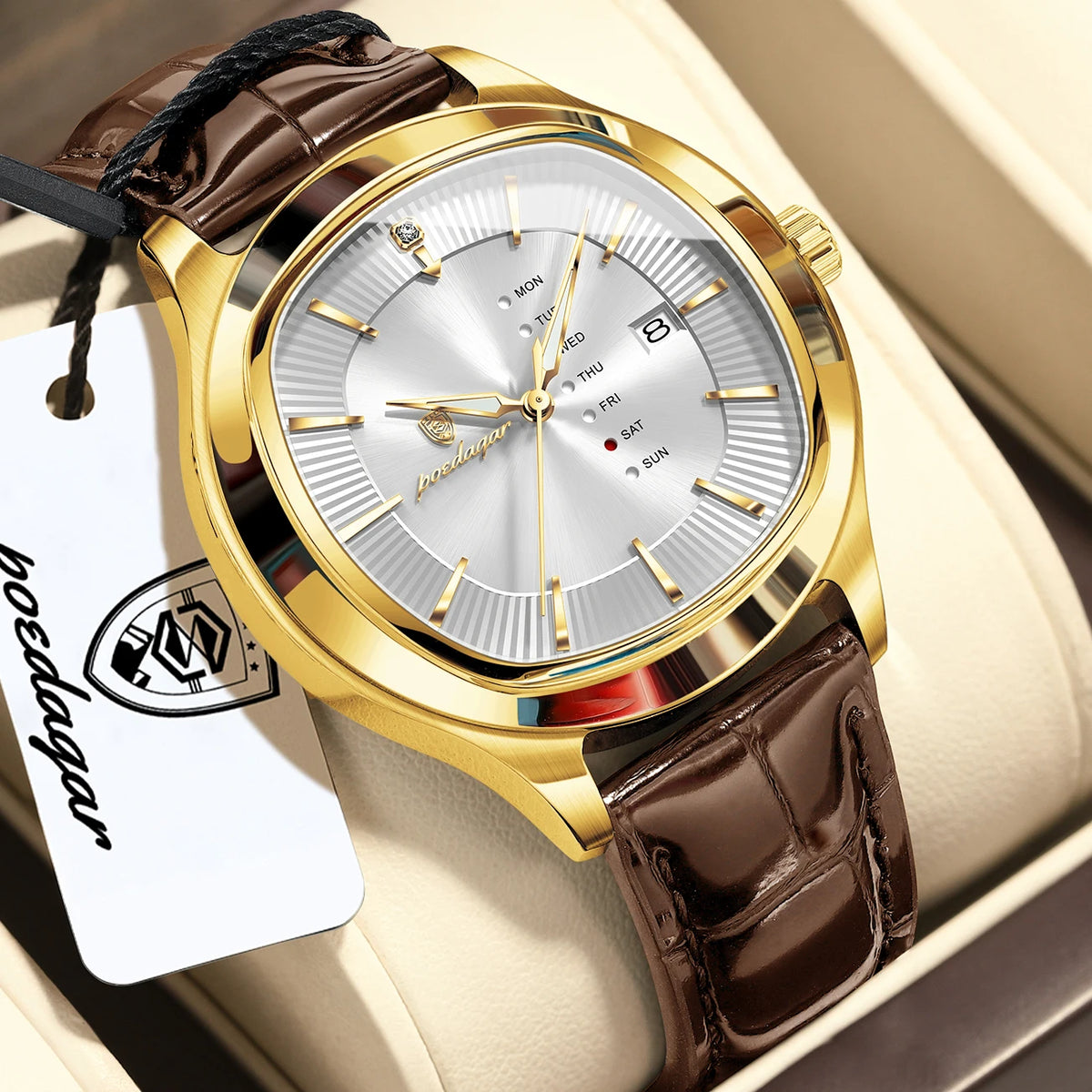 POEDAGAR Fashion Man Clock Waterproof Luminous Date Week Sport Men Wristwatch Leather Business Men's Quartz Watches Reloj Hombre