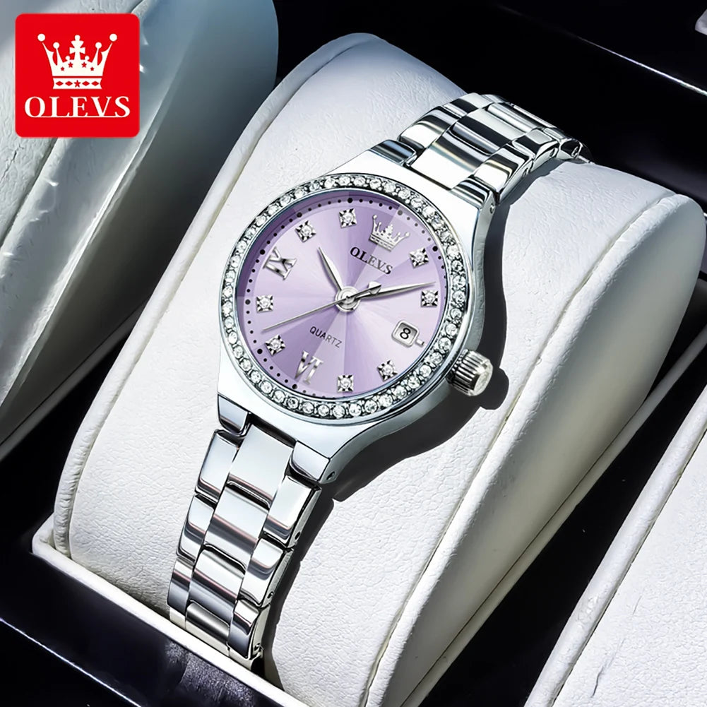 Reloj de cuarzo para mujer OLEVS, elegante y delicado, con espejo de rombos, bisel de diamantes de lujo, correa de acero, calendario, resistente al agua, modelo 5628