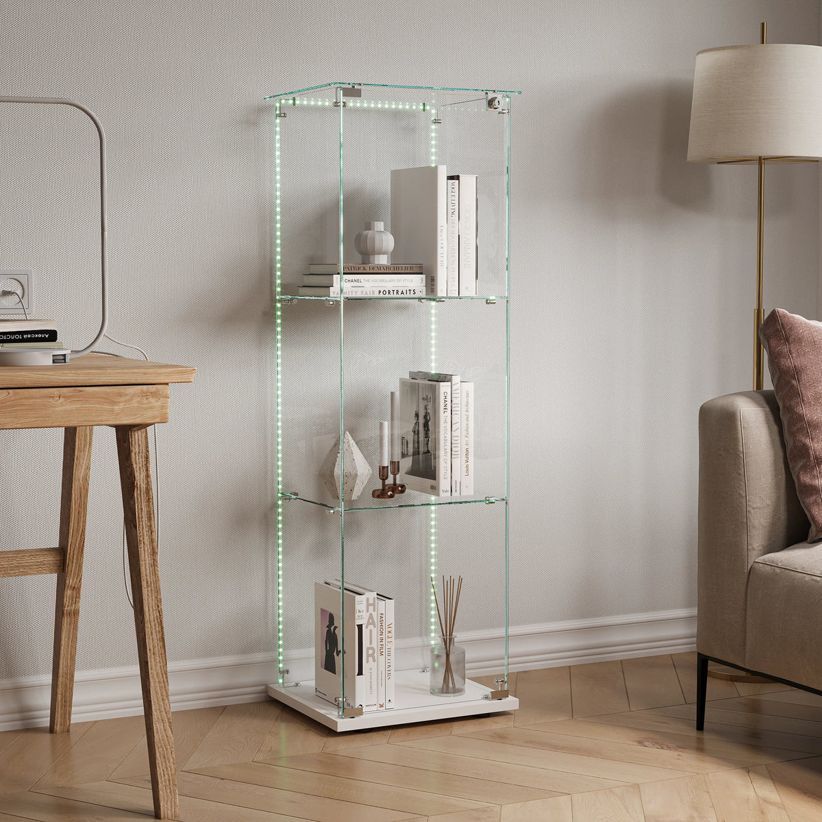 Vitrina de cristal con iluminación LED, vitrina de pie con 3 estantes de cristal y 2 puertas de cristal, con cerradura, vitrina para sala de estar, oficina, coleccionables, libros, vino, blanco