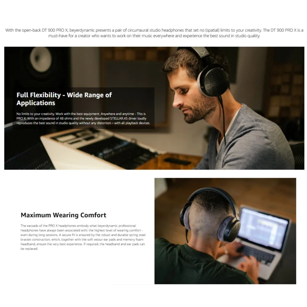 Auriculares Beyerdynamic DT 900 PRO X puestos, diadema negra y almohadillas grises