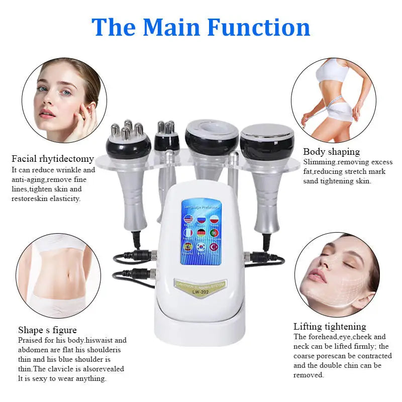 Dispositivo de belleza con tecnología de cavitación ultrasónica y múltiples sondas, que incluye masaje con vacío y funciones para el cuidado de la piel y la estética corporal.