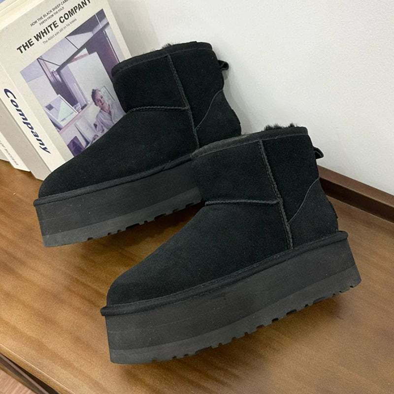 Botas de nieve clásicas de mujer, modelo 2027, nuevas, de invierno, cálidas, de lana, con suela gruesa, de cuero genuino y piel.