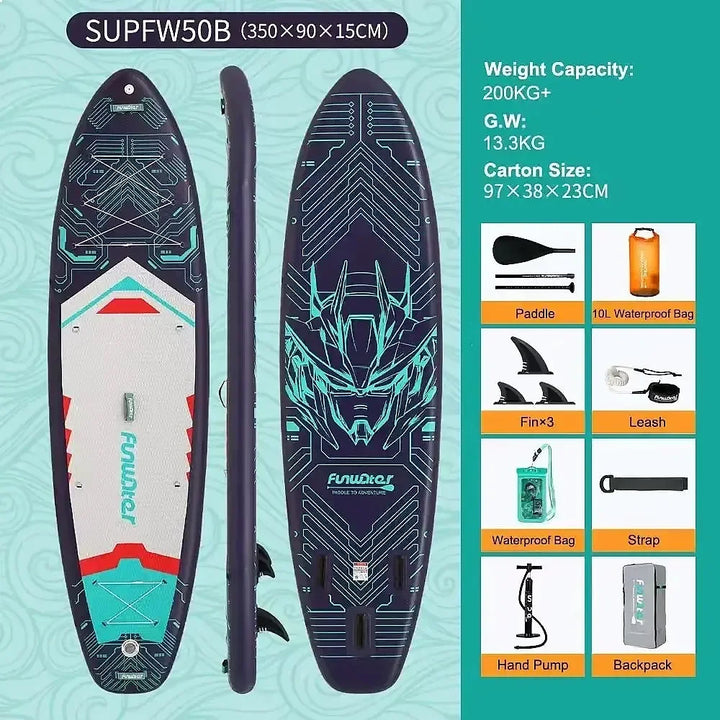 FunWater SUPFW50B Tabla de Paddle Surf Inflable 350x90x15cm para Adultos, Capacidad de 200kg, con Bolsa Impermeable de 10L, Inflador, Mochila, Remo y Correa de Seguridad