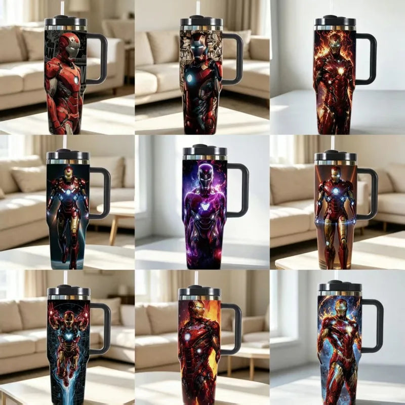 Vaso Térmico de Acero Inoxidable de 40 Onzas con Diseño de Iron Man, Taza de Viaje con Asa y Pajita para Uso Diario