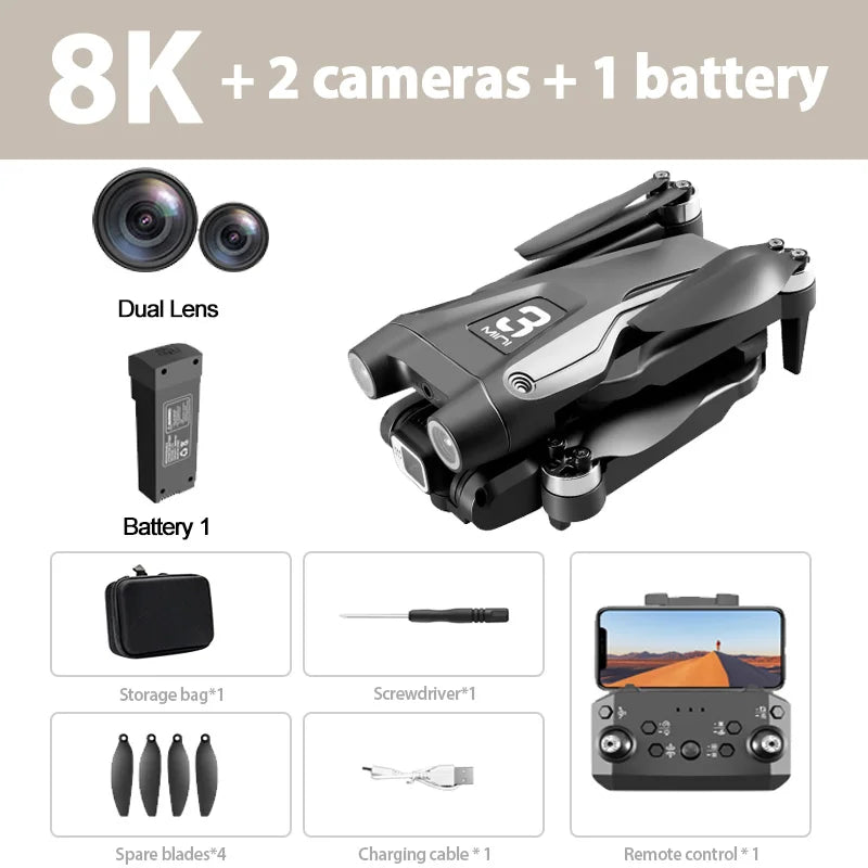 Kit de dron RC con dron gris, cámaras duales, batería, hélices y control remoto
