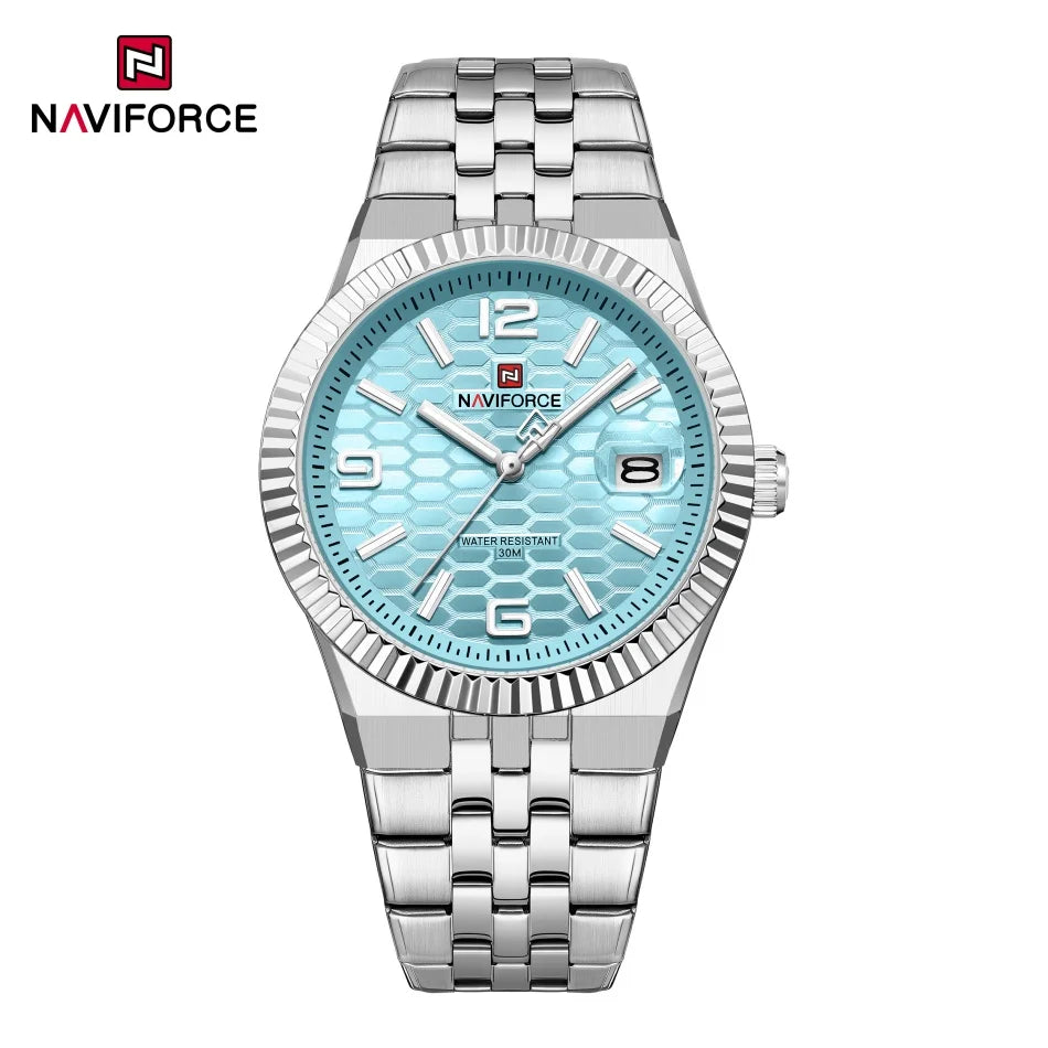 Reloj NAVIFORCE para hombre, de negocios, con esfera redonda, acero inoxidable, textura de panal, fecha, manecillas luminosas, cuarzo resistente al agua