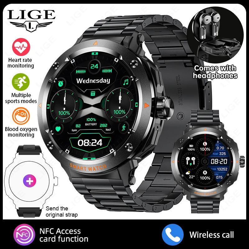 LIGE New 2 In 1 Smart Watch with Headphones Full Touch Screen TWS Bluetooth Earphones NFC Heart Rate Health Monitor Smartwatches