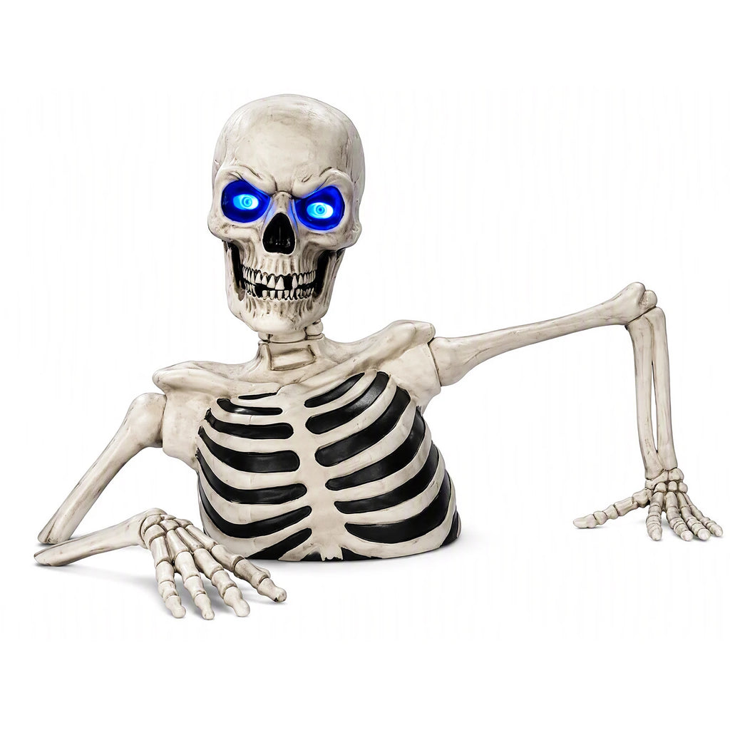 Accesorio de calavera gigante de cementerio para Halloween, rompiendo el suelo, con ojos LED brillantes y brazos ajustables, decoración de jardín para exteriores