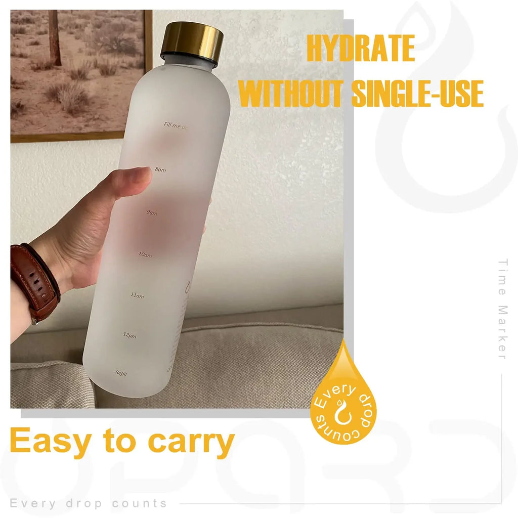 Nueva botella de agua de 1L con sello de tiempo, sin BPA, reutilizable, para deportes de Fitness, viajes al aire libre, taza de agua a prueba de fugas, hervidor esmerilado