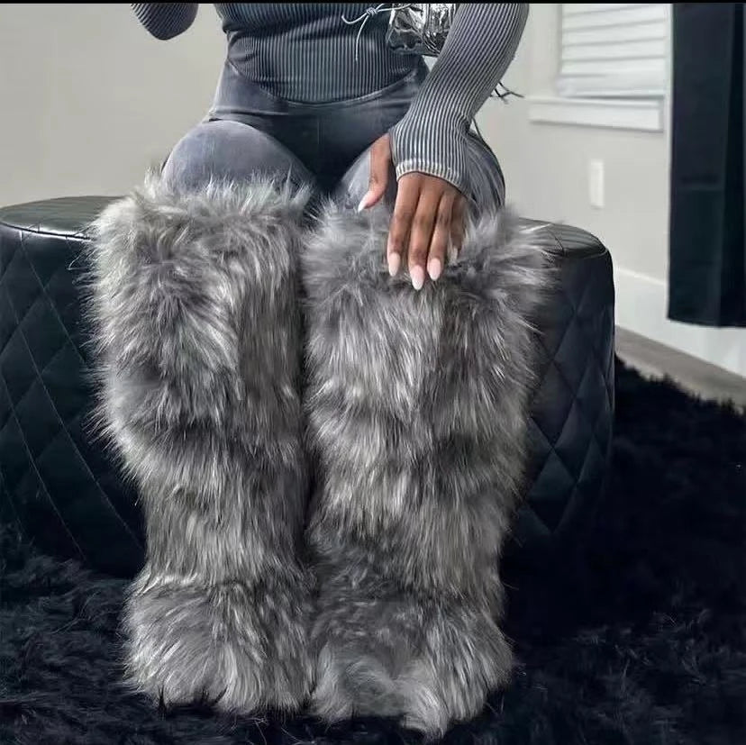Nuevas botas altas de invierno por encima de la rodilla botas de nieve para mujer más botas de piel de zorro de imitación cálidas de terciopelo botas de invierno de piel de mapache de imitación