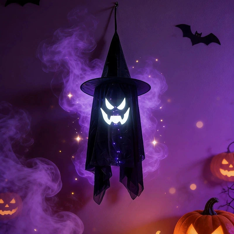 Sombrero de Bruja LED Brillante de Halloween, Colgantes de Fantasma, Adorno Colgante Iluminado, Decoración de Puerta Exterior para Fiestas y Escenarios de Jardín