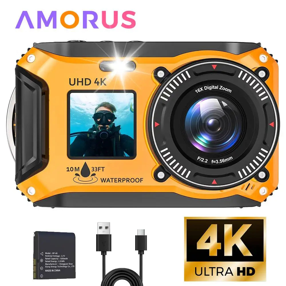 Cámara Subacuática 4K, Cámara Resistente al Agua hasta 33 Pies para Snorkel, Pantalla Dual, Compacta, Resistente al Polvo, Flotante, Autoenfoque, Cámara Digital de 64MP