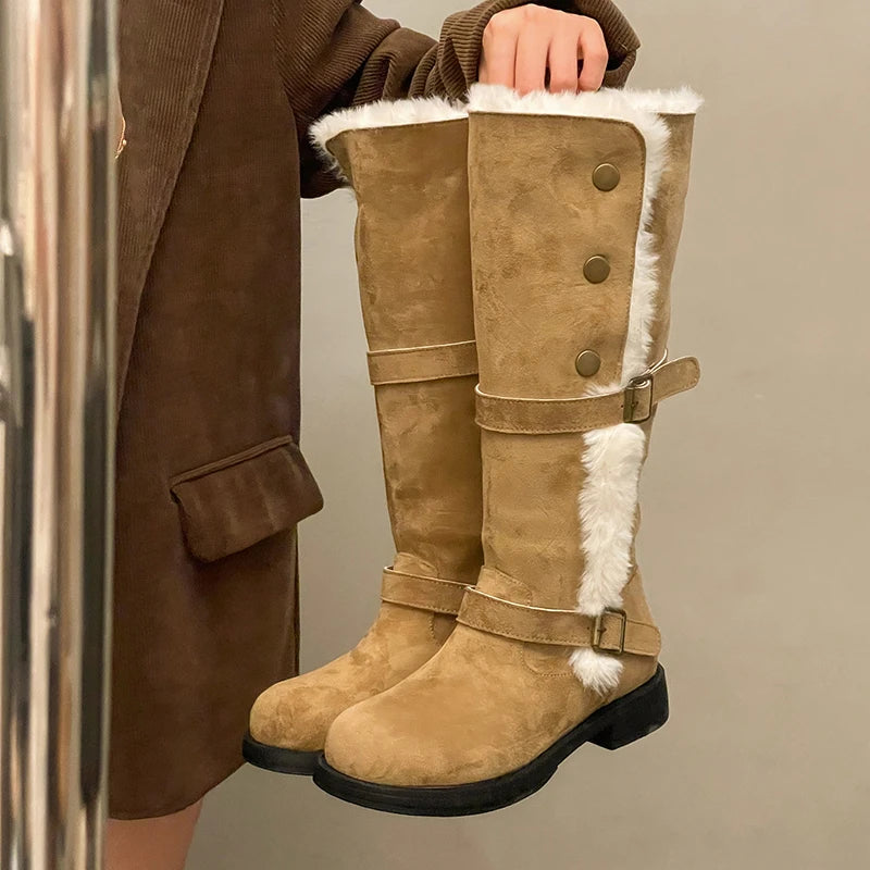 Botas de nieve de caña media, cálidas y con forro grueso, de punta redonda, suaves y antideslizantes, con plantilla de algodón.