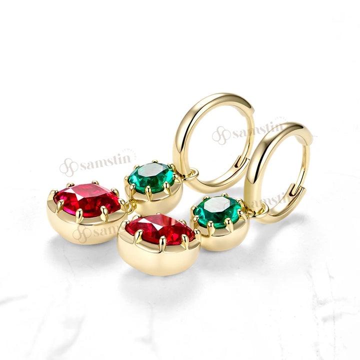 Pendientes Personalizados Samstin con Esmeralda y Rubí Cultivados en Laboratorio, 8CTW, para Mujer, Oro Amarillo Sólido de 14K, 10K, 925, para Regalos de Navidad, Joyería para Fiestas