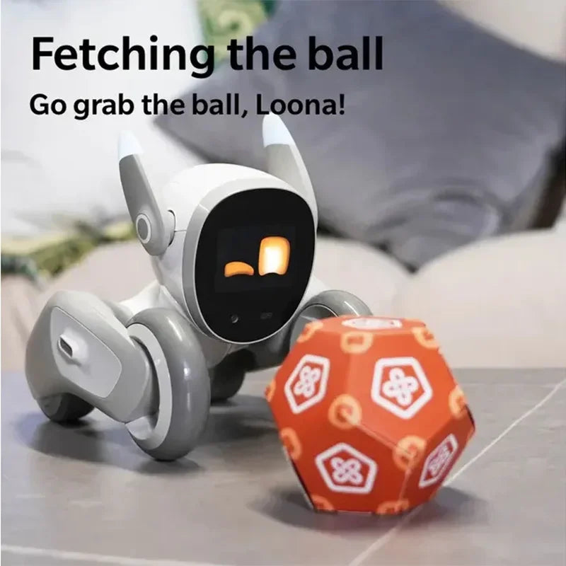 Perro robot compañero con hocico negro, patas grises y ojos LED naranjas