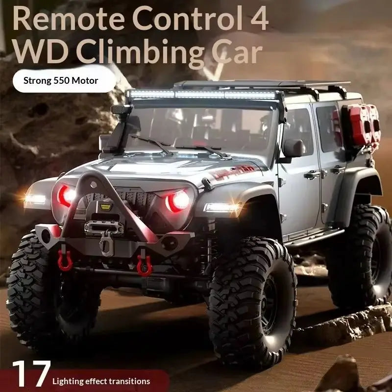Coche RC escalada 4WD blanco con parachoques frontal y ruedas con tacos.