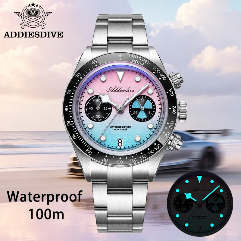 ADDIESDIVE AD2559 Male VK64 Quartz Watch Bubble Mirror Stainless Steel BGW9 Luminous 100m Waterproof Stainless Steel Men Watches