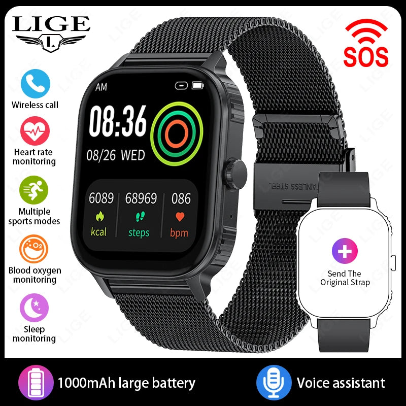 Reloj inteligente LIGE con batería de 1000mAh para mujer, monitoreo de frecuencia cardíaca y sueño, llamadas Bluetooth, resistente al agua IP68, reloj inteligente para hombre compatible con Android e iOS
