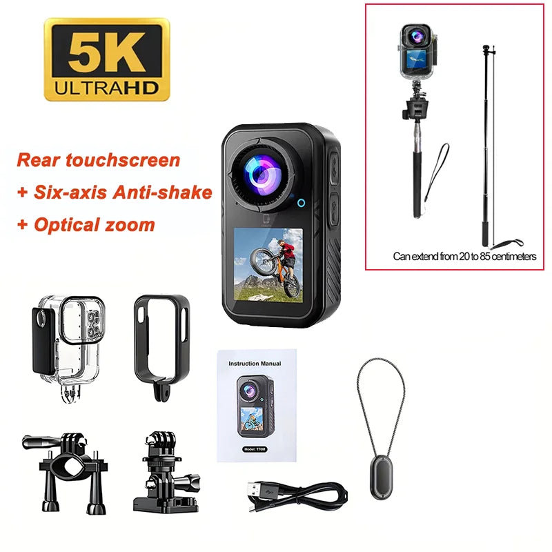 Cámara de Acción WiFi 5K 4K 60FPS, Cámara de Bolsillo Magnética con Pantalla Táctil, Estabilización de 6 Ejes, Cámara Deportiva Impermeable para Vlog