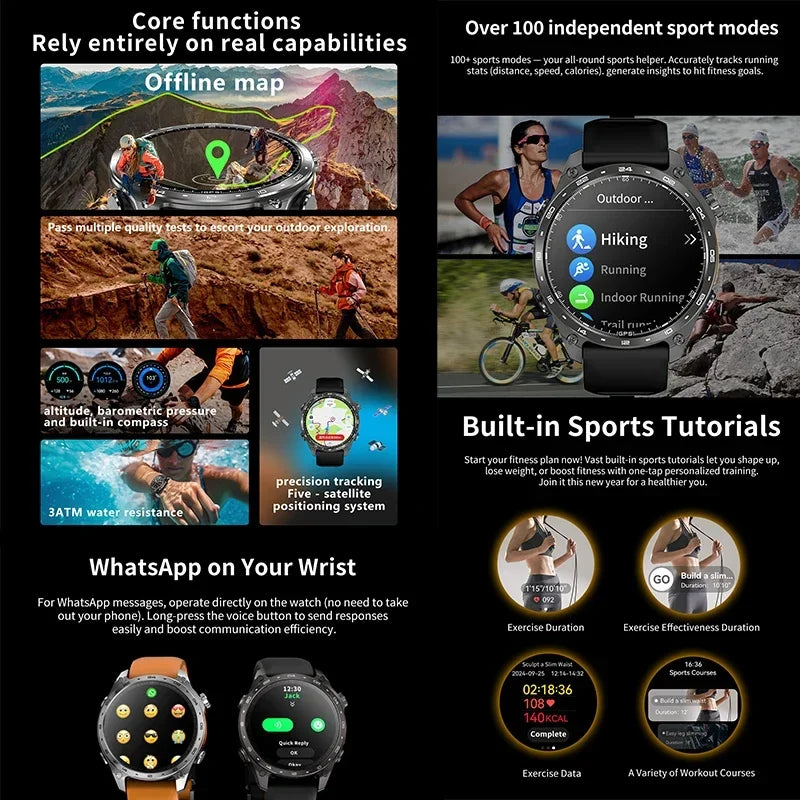 Nuevo reloj inteligente para hombre 2026 con mapas GPS integrados, más de 100 modos deportivos, resistencia al agua 3ATM, llamadas Bluetooth, reproducción MP3/MP4, altitud y brújula