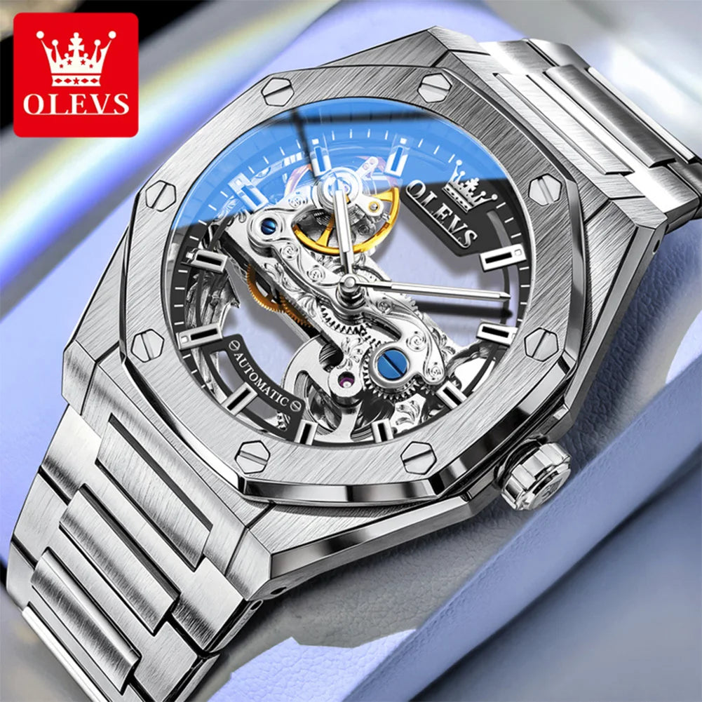 Reloj mecánico automático para hombre OLEVS, marca de lujo, esfera calada tipo esqueleto octogonal, superluminescente, reloj masculino de negocios y deportivo 6742