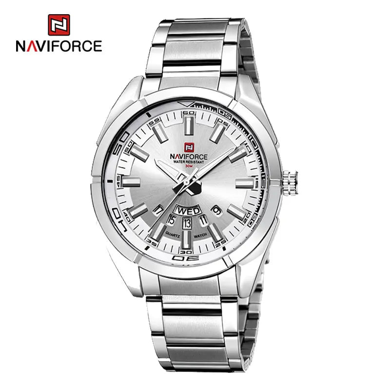 Reloj de cuarzo para hombre NAVIFORCE, plateado, de moda, lujo, estilo militar, deportivo, resistente al agua, con visualización de fecha y día
