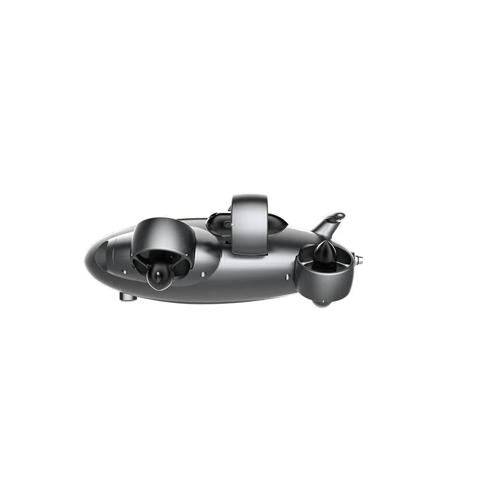 Robot submarino ROV gris de perfil, con hélices laterales y módulo central