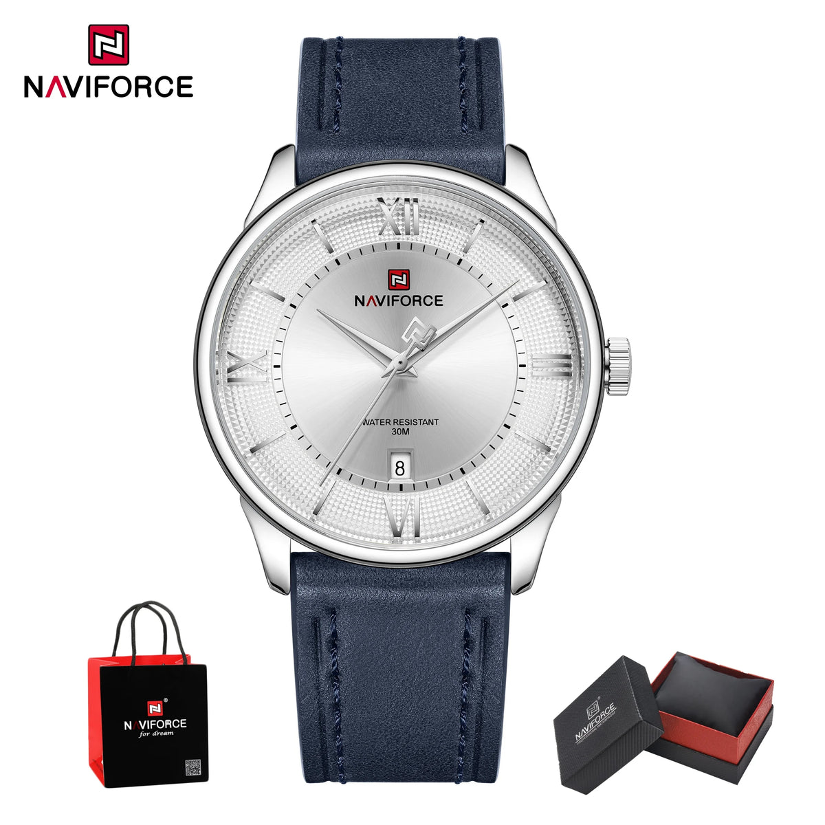 Reloj de cuarzo para hombre NAVIFORCE de negocios, resistente al agua 3ATM, correa de cuero auténtico, visualización de fecha, reloj de pulsera para hombre, caja de regalo
