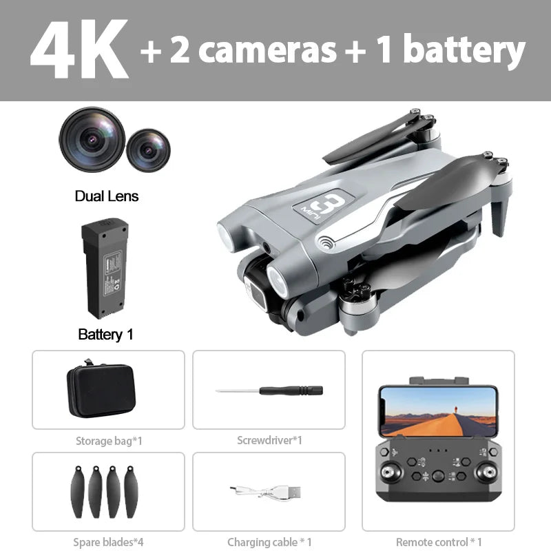 Kit de dron RC con dron gris claro, batería, hélices de repuesto y cable de carga