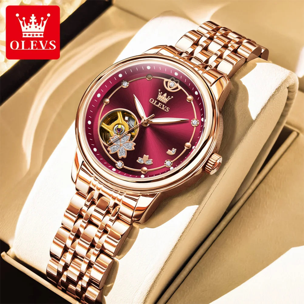 Relojes OLEVS para mujer, reloj mecánico automático original de lujo a la moda, con pulsera y collar en caja de regalo, tendencia nueva