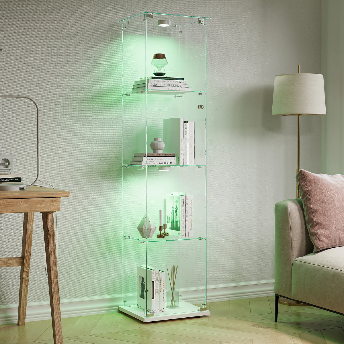 Vitrina de cristal con luces LED, vitrina de exhibición con 4 estantes de cristal y puertas con cerradura, vitrina moderna para coleccionables, libros, figuras, sala de estar, 163 X 80.6 X 36.5 CM