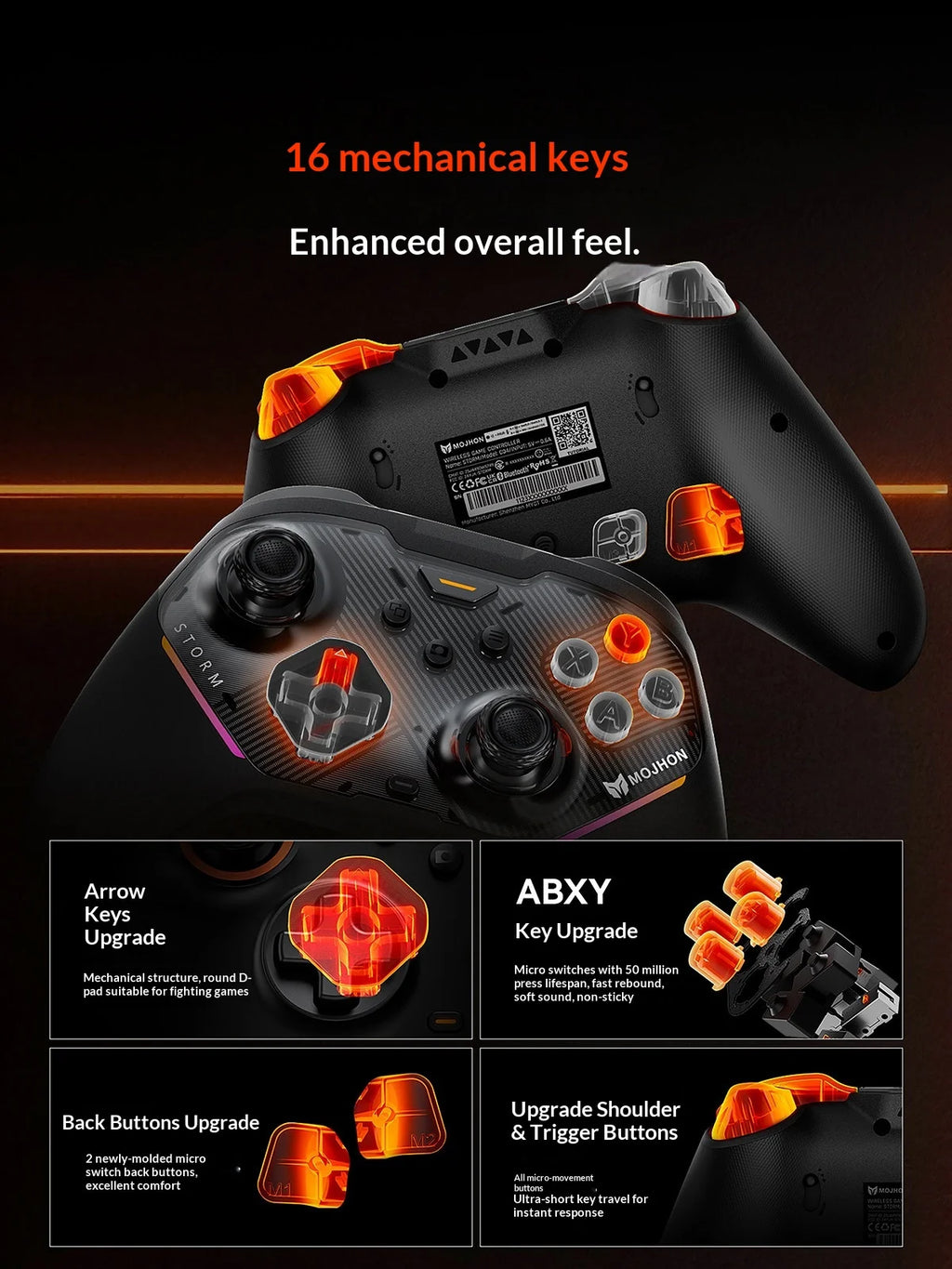 Controlador inalámbrico para juegos MOJHON Storm, tres modos (BT/2.4G/alámbrico), joystick TMR sin deriva, gatillos mecánicos y 4 botones traseros