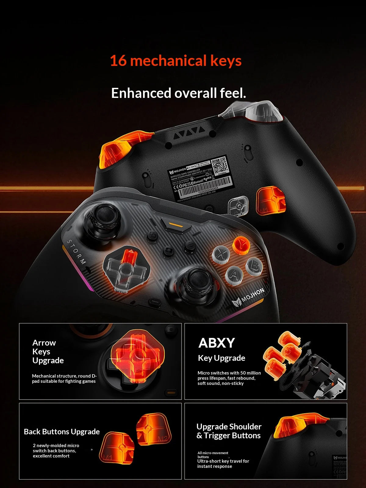 Controlador inalámbrico para juegos MOJHON Storm, tres modos (BT/2.4G/alámbrico), joystick TMR sin deriva, gatillos mecánicos y 4 botones traseros