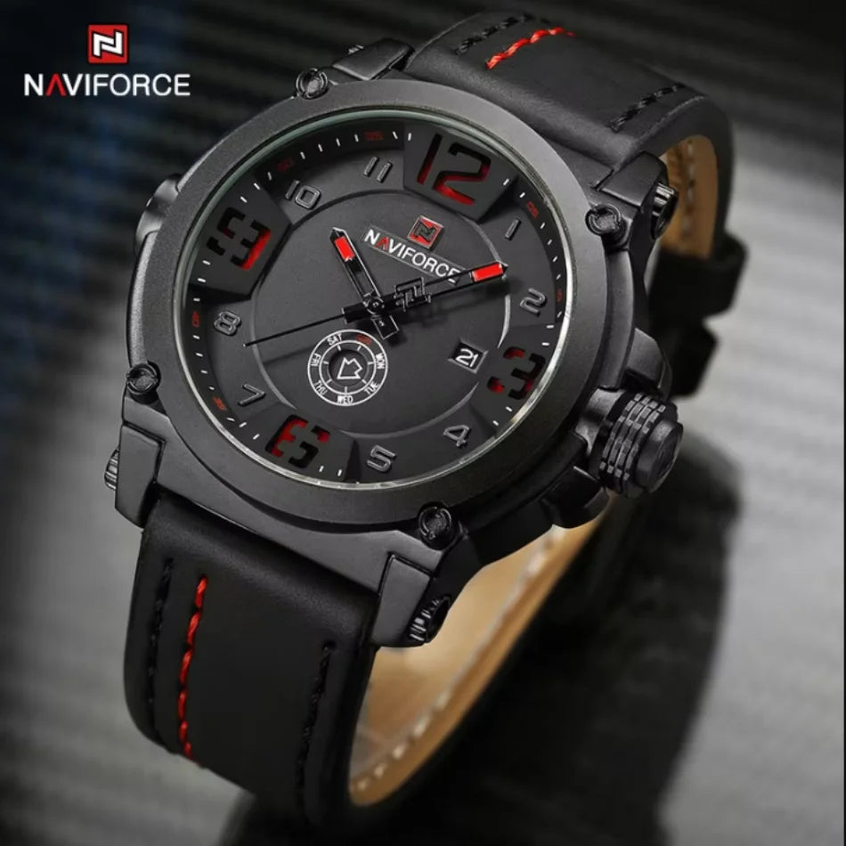 Relojes deportivos militares NAVIFORCE para hombre, originales, resistentes al agua, con visualización de día y fecha, correa de cuero, reloj masculino