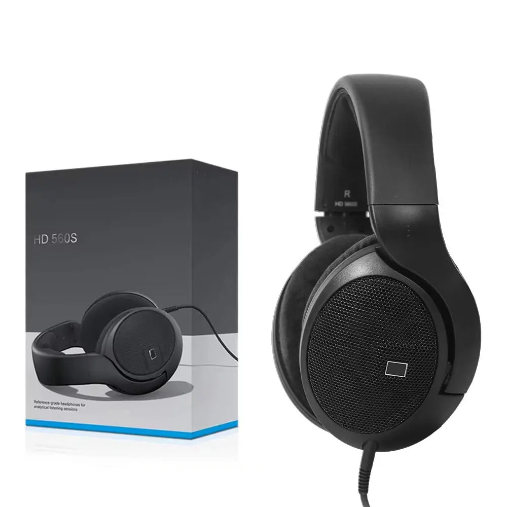 Auriculares negros con su caja, diseño de copa abierta