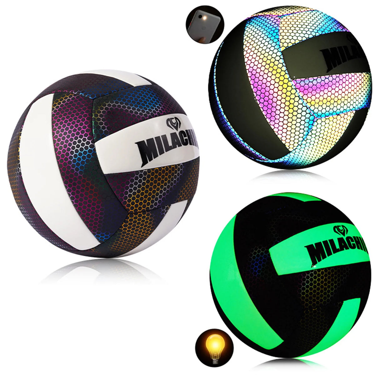 Balón de Voleibol Holográfico Reflectante Fluorescente, Tamaño y Peso Oficiales N.° 5, Cosido a Máquina, Tacto Suave, para Playa