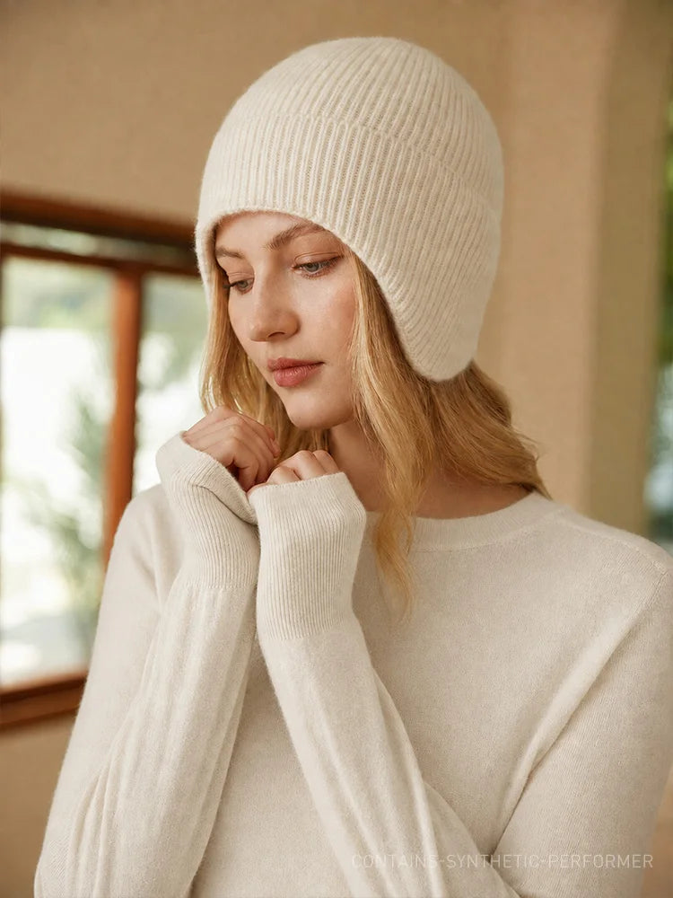 SHELTER BEANIE Gorro con Orejeras 90% Alpaca Fina 10% Cachemira, Calentador de Orejas de Lujo Sin Teñir, Gorro Tejido de Lujo, Calentador de Orejas de Puesta Rápida