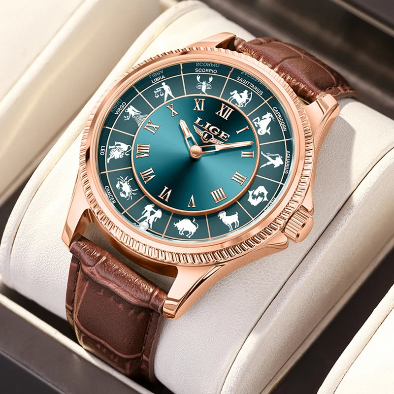 LIGE Zodiac Men Watch Top Brand Luxury Leather Roman Numeral Quartz Watch Men Fashion Business Luminous Wristwatch Gift for Men